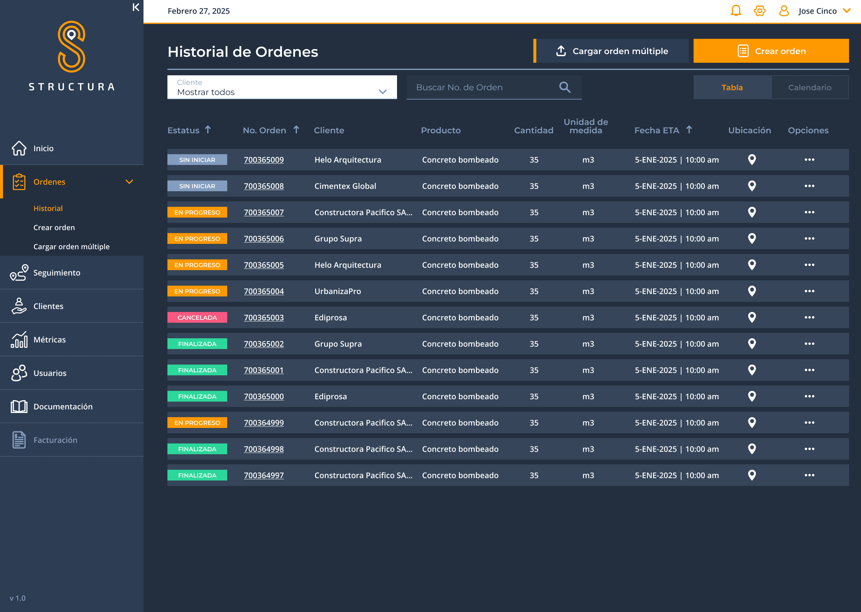 Historial de órdenes en Structura App